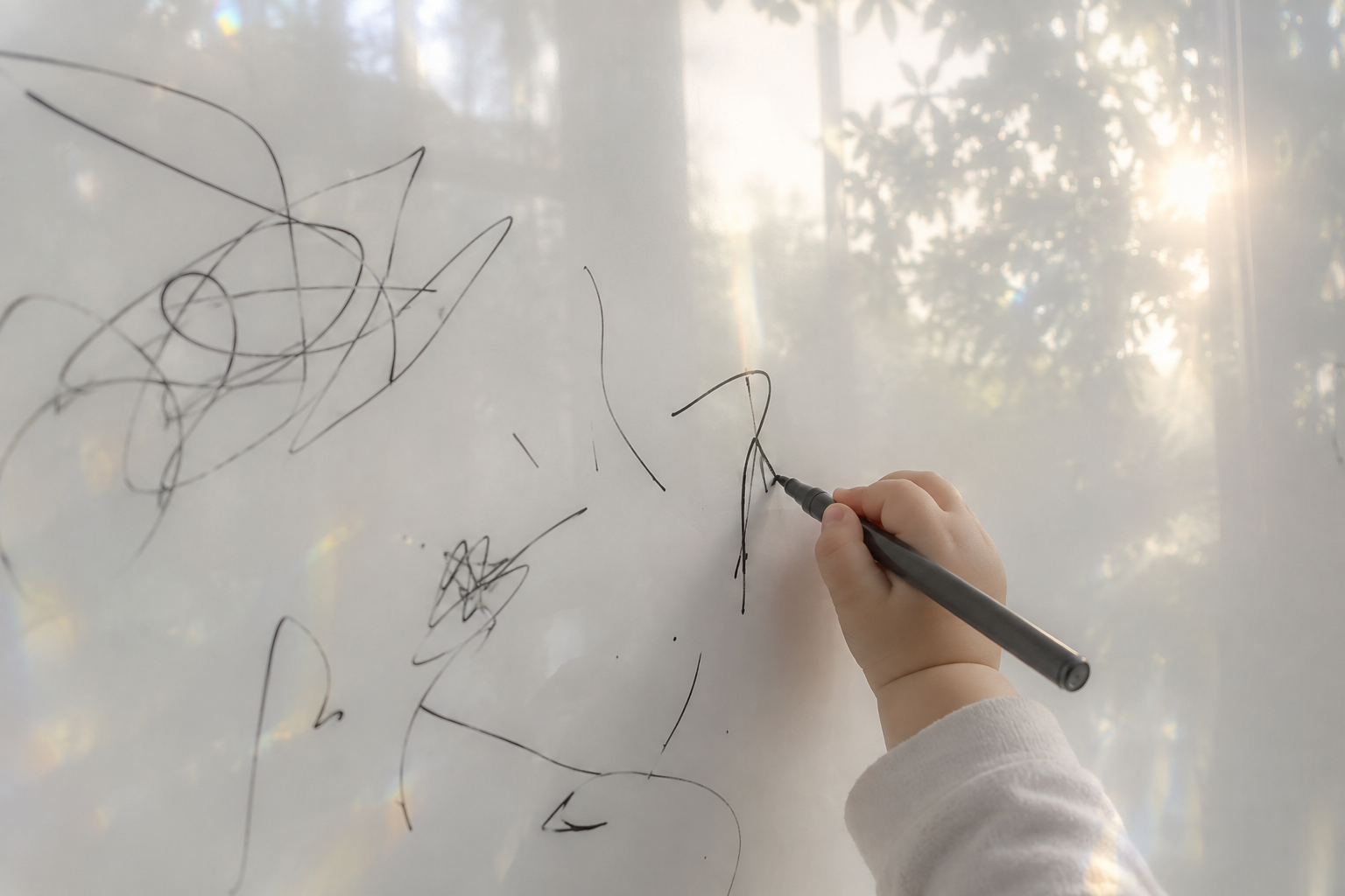 子どもの手がホワイトボードに描く様子を表した、AI 生成のコンセプト画像。