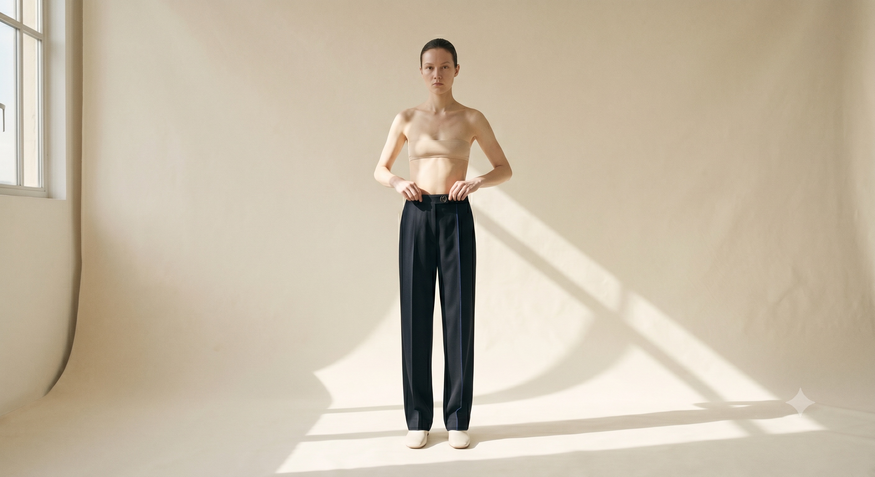 Full-length studio photograph of a calm person standing square against an undyed ecru backdrop, wearing straight single-pleat ink wool gabardine trousers whose pressed centre creases read as two vertical columns to the floor; the right crease is a single ink-blue thread, and a hand lifts the inner waistband to show a small debossed (È) seal.