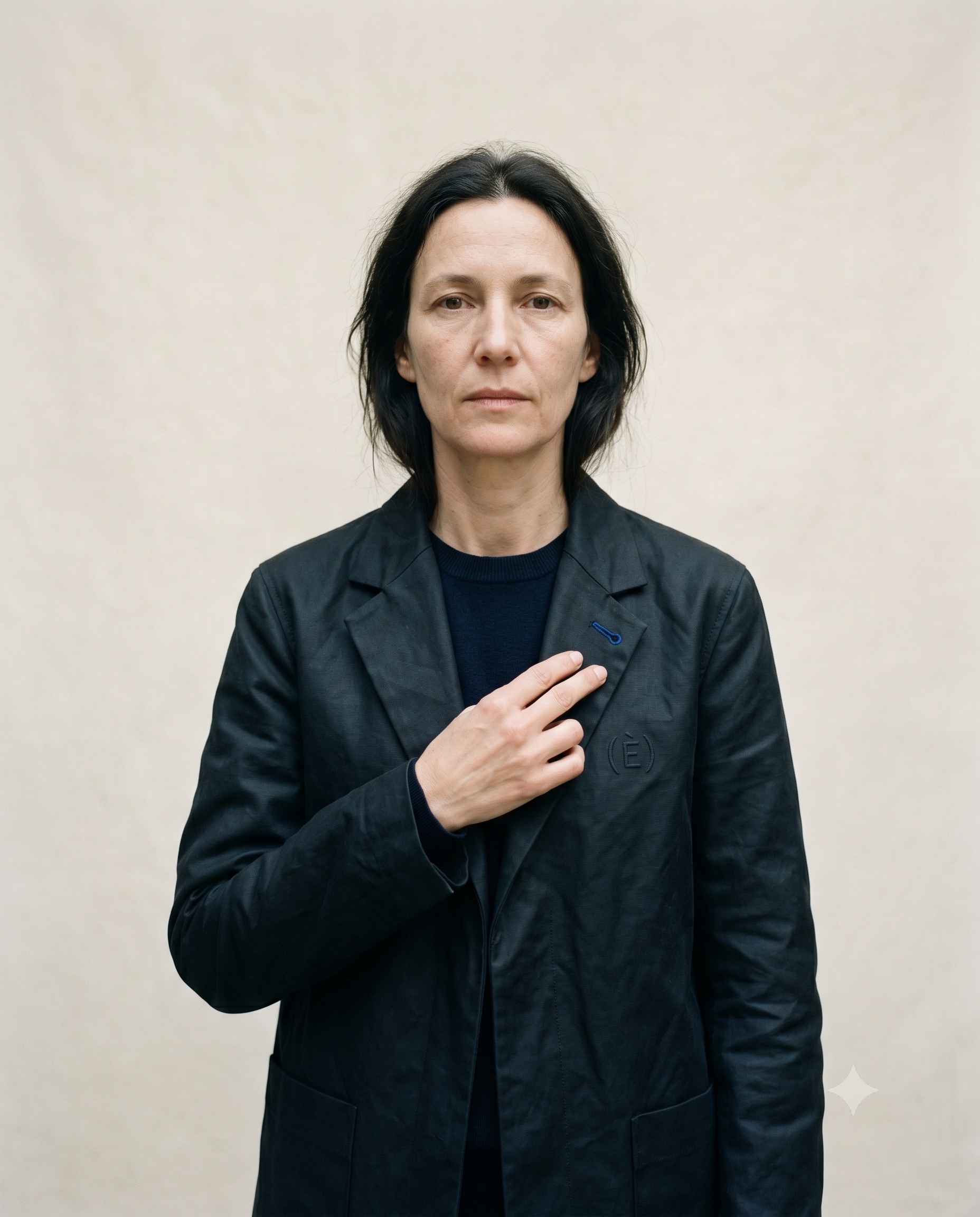 A calm, unsmiling person photographed waist-up in three-quarter view against a warm ecru studio backdrop, wearing a soft unstructured deep-ink notch-lapel jacket in waxed cotton canvas, two fingers resting on the left lapel beside a boutonnière keyhole stitched in a single ink-blue thread; soft north-light, muted film-like colour.