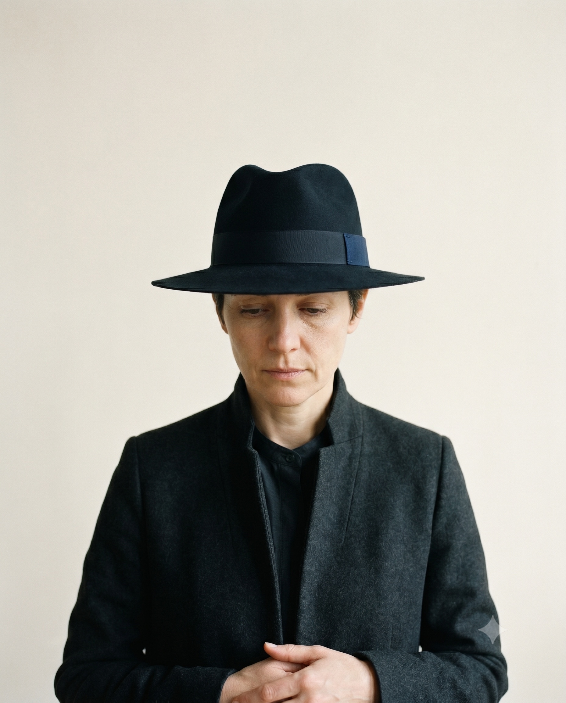 Waist-up studio portrait of a calm, unsmiling person wearing a deep ink-black felt fedora with a centre-dent crown and level raw-edge brim, against a warm ecru backdrop in soft north-light. A flat grosgrain hatband carries one small ink-blue marker; the (È) seal is hidden inside the sweatband.