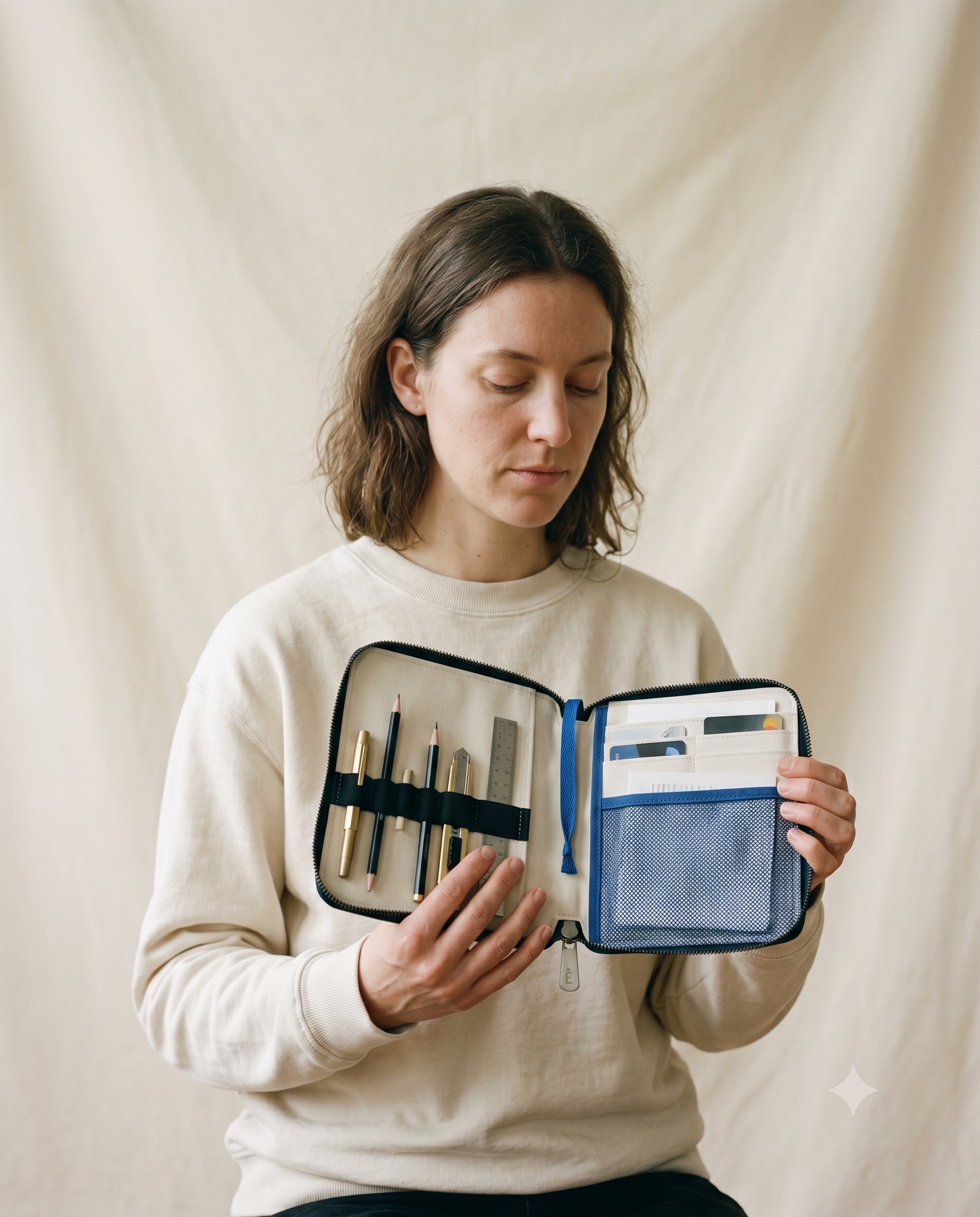 A seated person holds an open flat ecru zip organizer in both hands as an in-hand detail; one inner leaf has black elastic tool loops, the other has card and mesh slots, with a thin ink-blue ribbon at the spine, against an ecru studio background in soft window light.